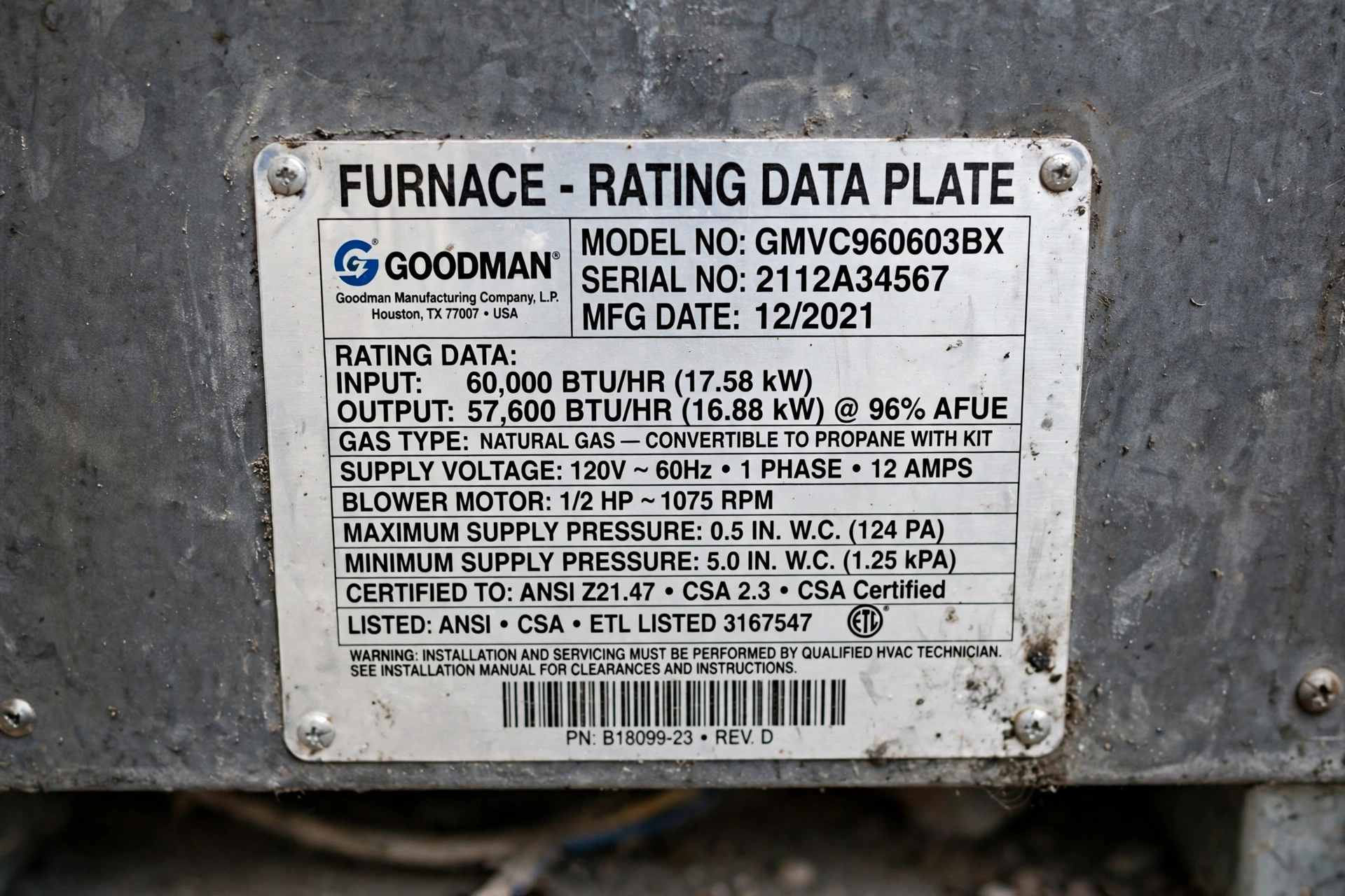 Furnace data plate for furnace service in Leesburg VA