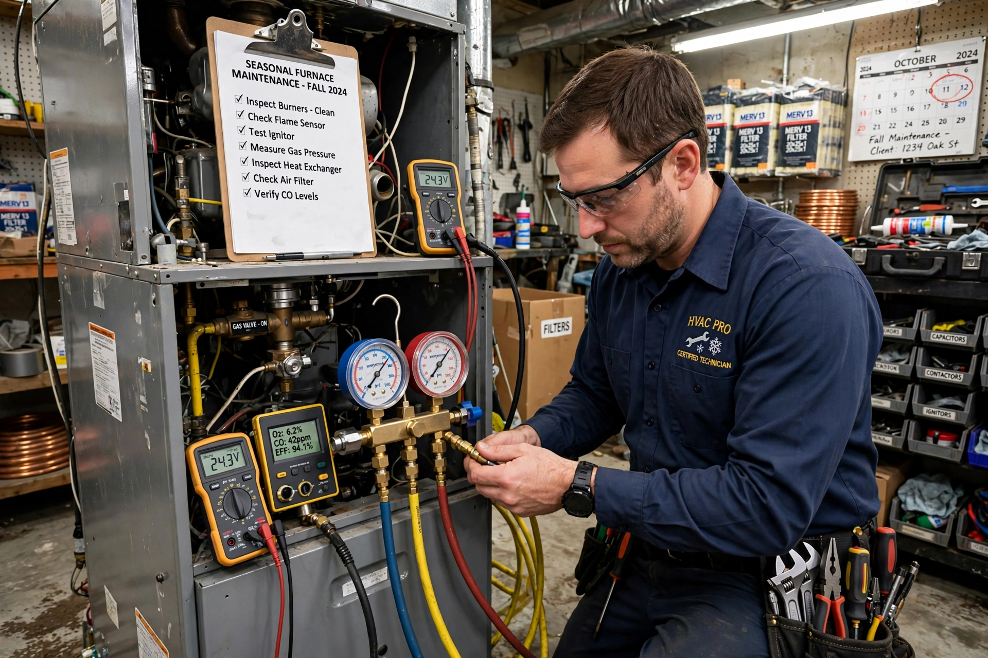 Technician performing furnace maintenance with diagnostic tools