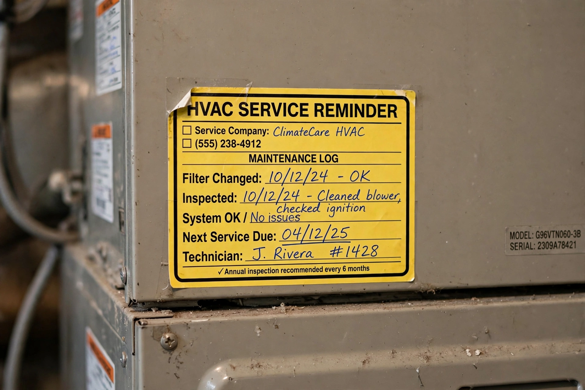 Furnace service sticker for furnace service in Leesburg VA