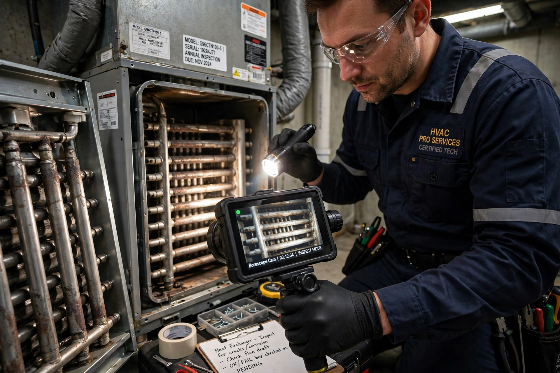 Technician inspecting a furnace heat exchanger