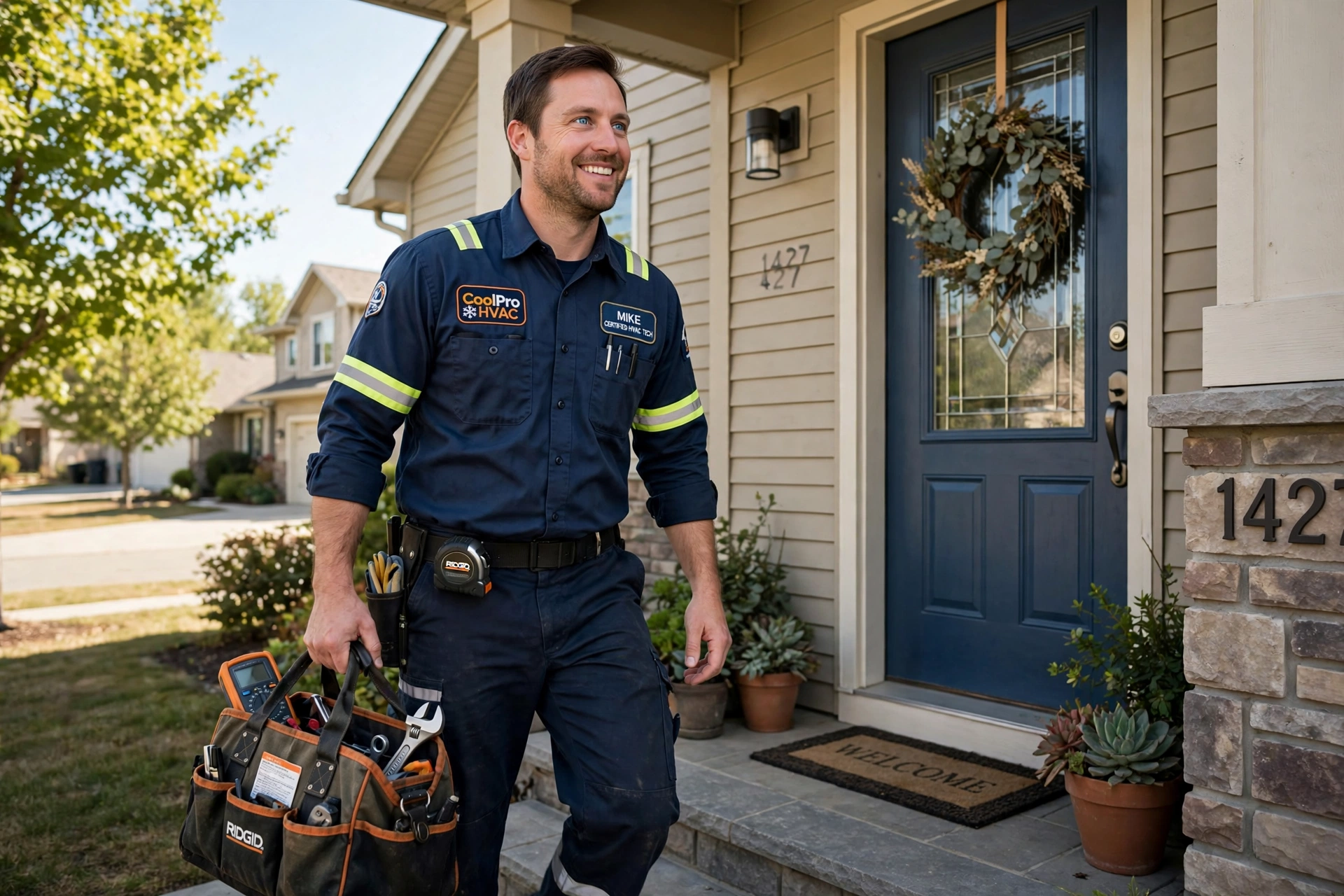 HVAC technician arriving at a suburban home front door