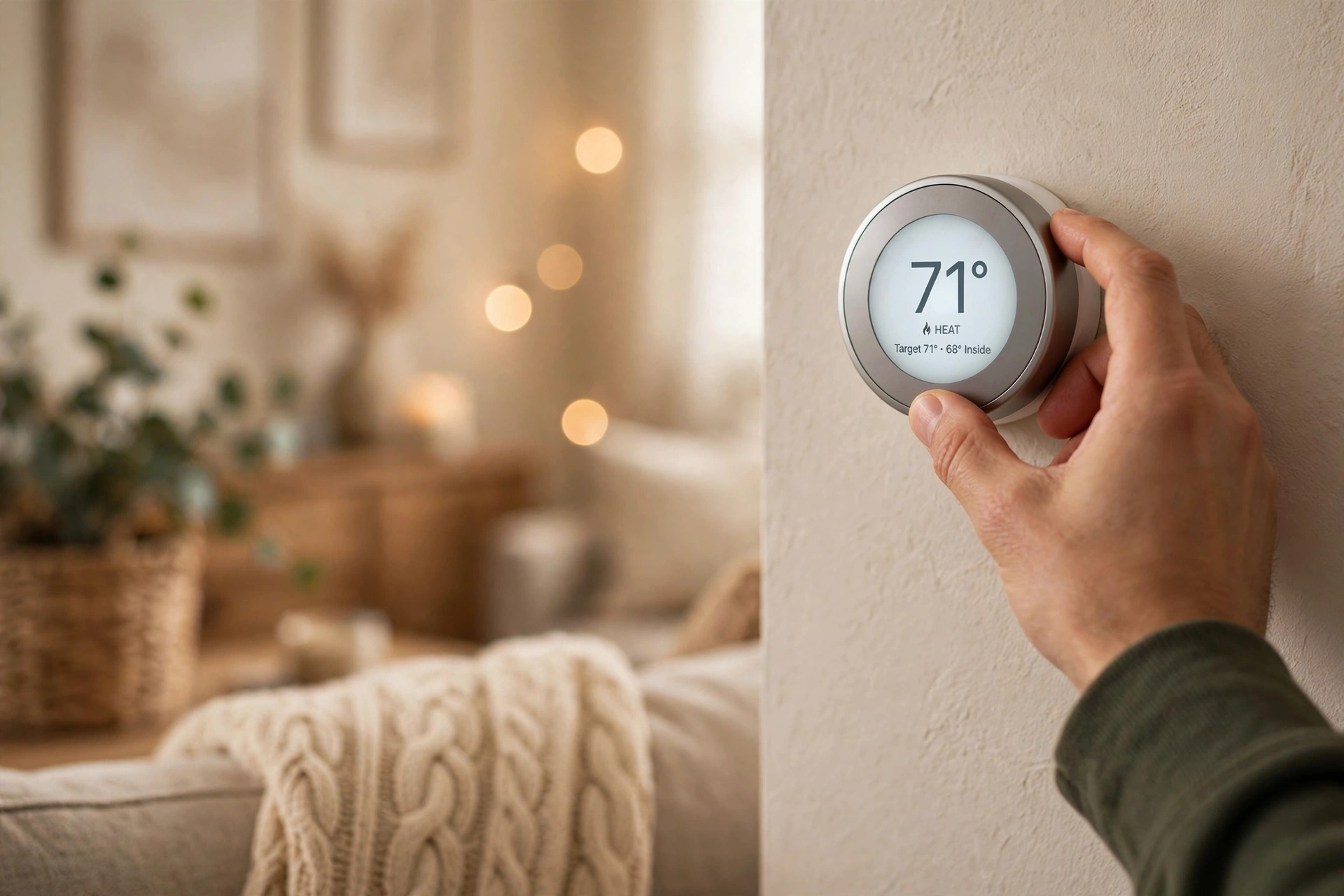 Hand adjusting a smart thermostat on a living room wall